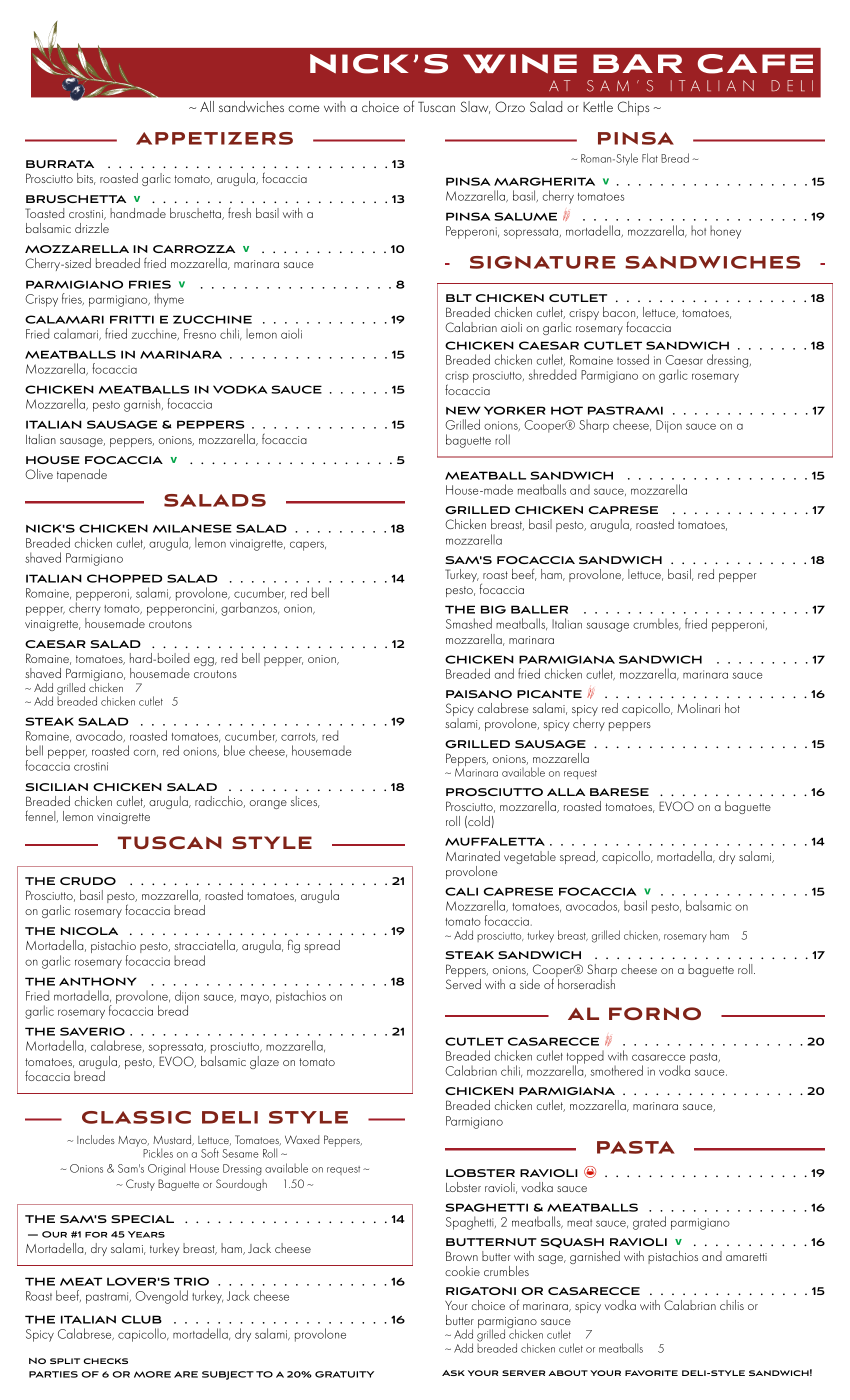 Nick's Wine Bar Cafe menu — appetizers, salads, pinsa, signature sandwiches, and Tuscan-style dishes